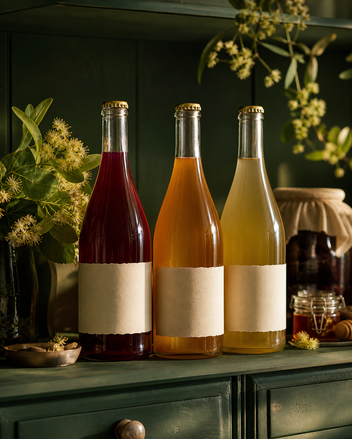 Butelki naturalnie fermentowanej kombuchy Walorczykówka na półce spiżarni